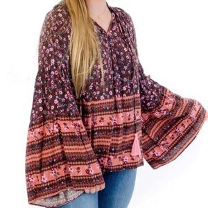 Vici Floral Tassel Oversized Flowy V-Neck Boho Blouse Top Ruffle Purple Pink XL